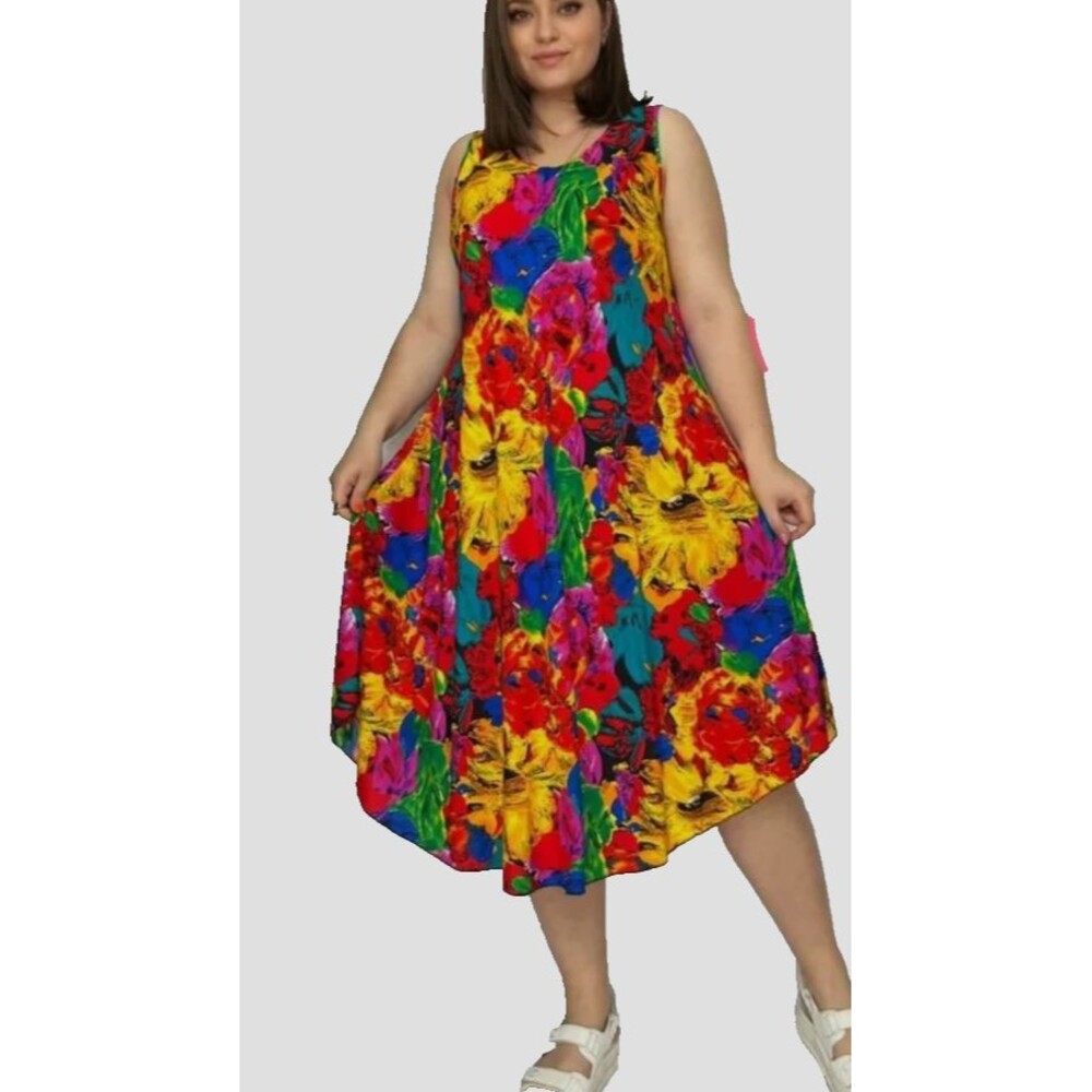 Womens 2XL Multicolor Floral Cotton Midi House Dress Sleeveless Casual Dress